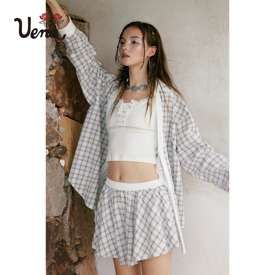 【木樨晨露】Uena蓝色格纹蕾丝花边落肩袖宽松衬衫休闲短裤套装女