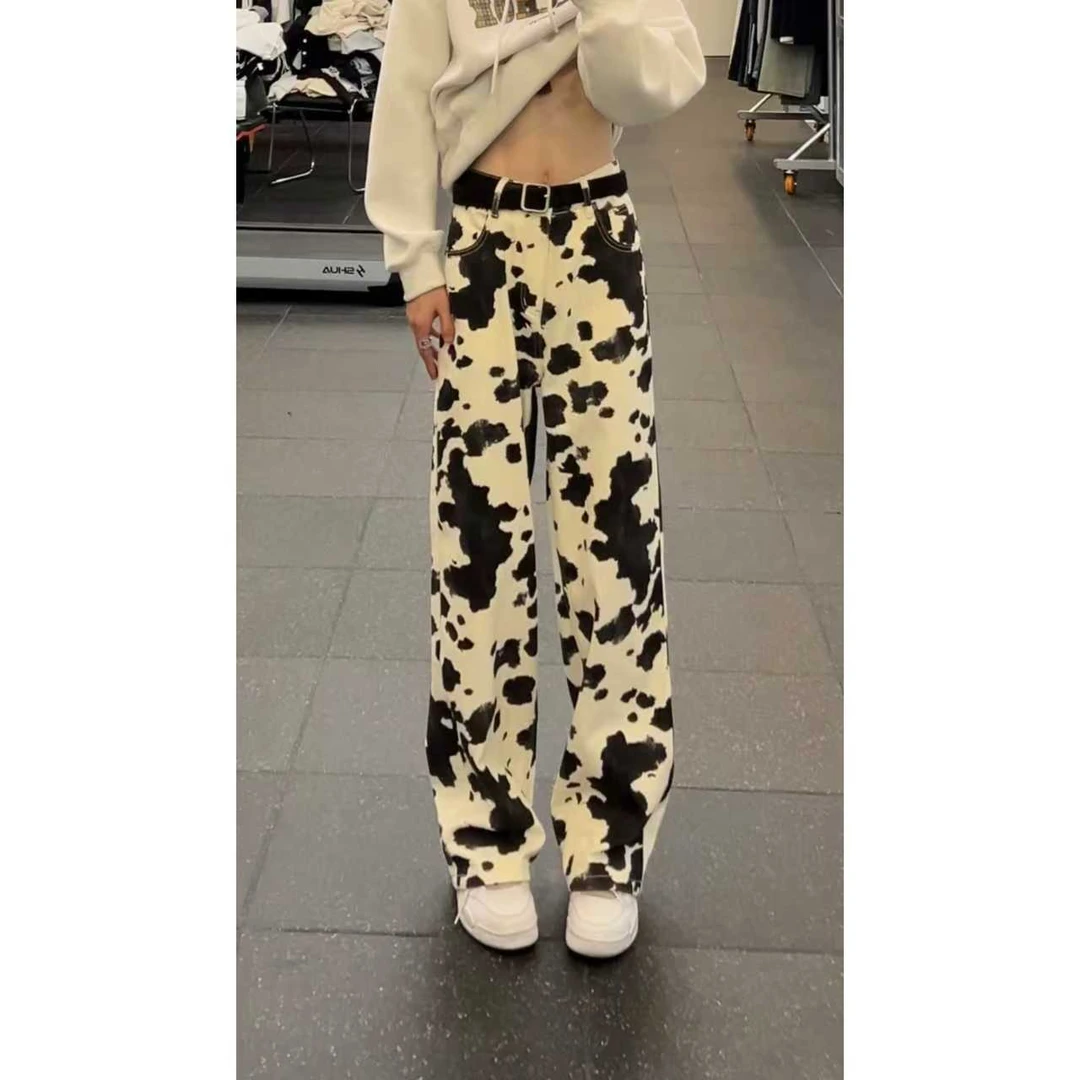 美式复古奶牛拼接色块牛仔裤男女长裤宽松小众设计宽松迷彩裤子潮