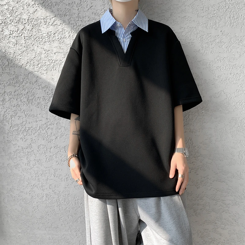 假两件t恤男设计感小众潮牌衬衫领夏季短袖高级感宽松半袖polo衫