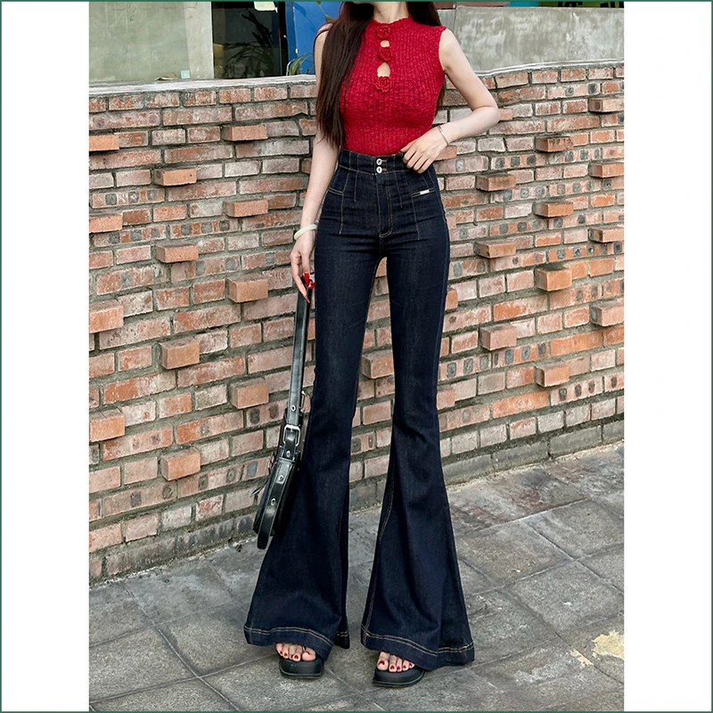 设计感丹宁蓝微喇牛仔裤女2025年夏季新款高腰弹力鱼尾喇叭长裤