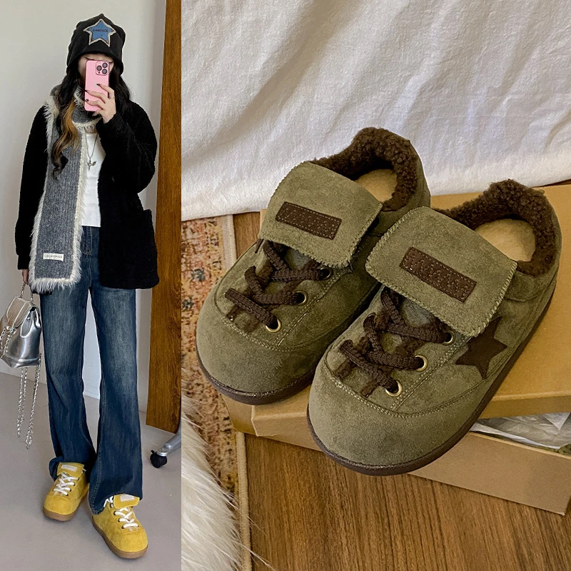 软皮毛毛加绒休闲鞋女2025冬季新款圆头厚底保暖棉鞋运动鞋速利玛