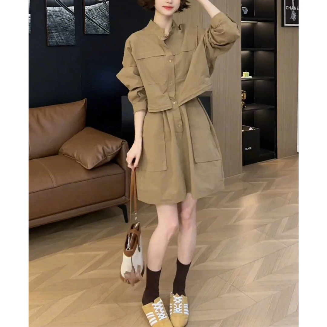 高级感韩版工装连衣裙女2025秋季新款洋气收腰显瘦纯色简约休闲裙