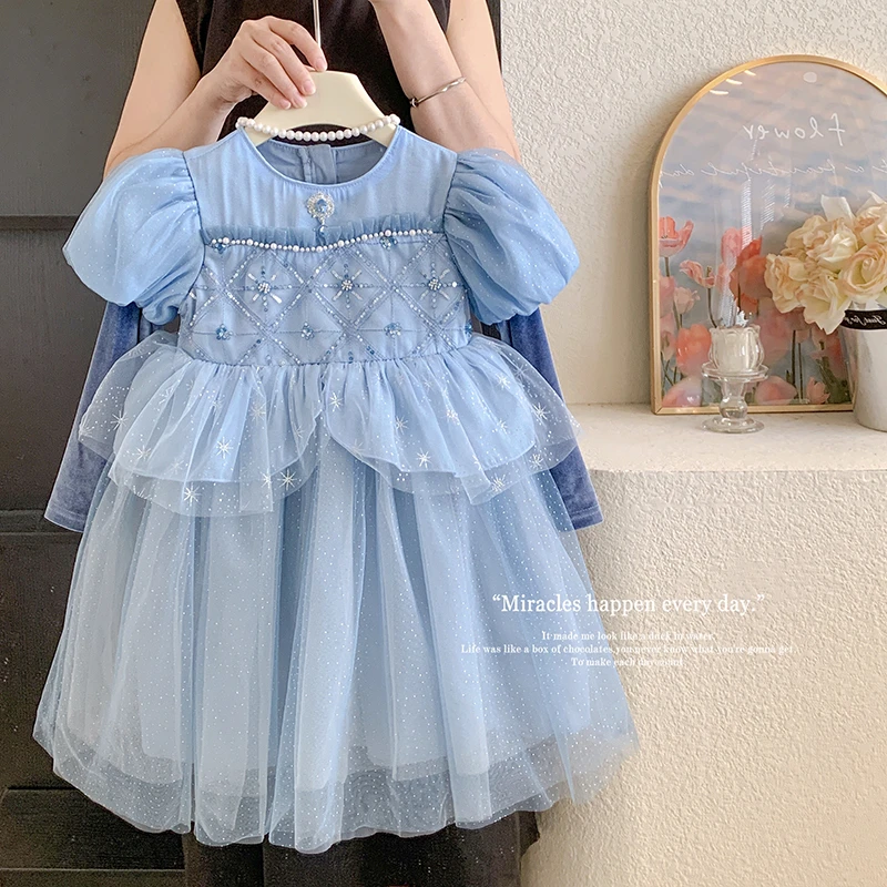 【本妈】秋“爱莎公主”韩版女童泡泡袖亮片网纱连衣裙680083 35