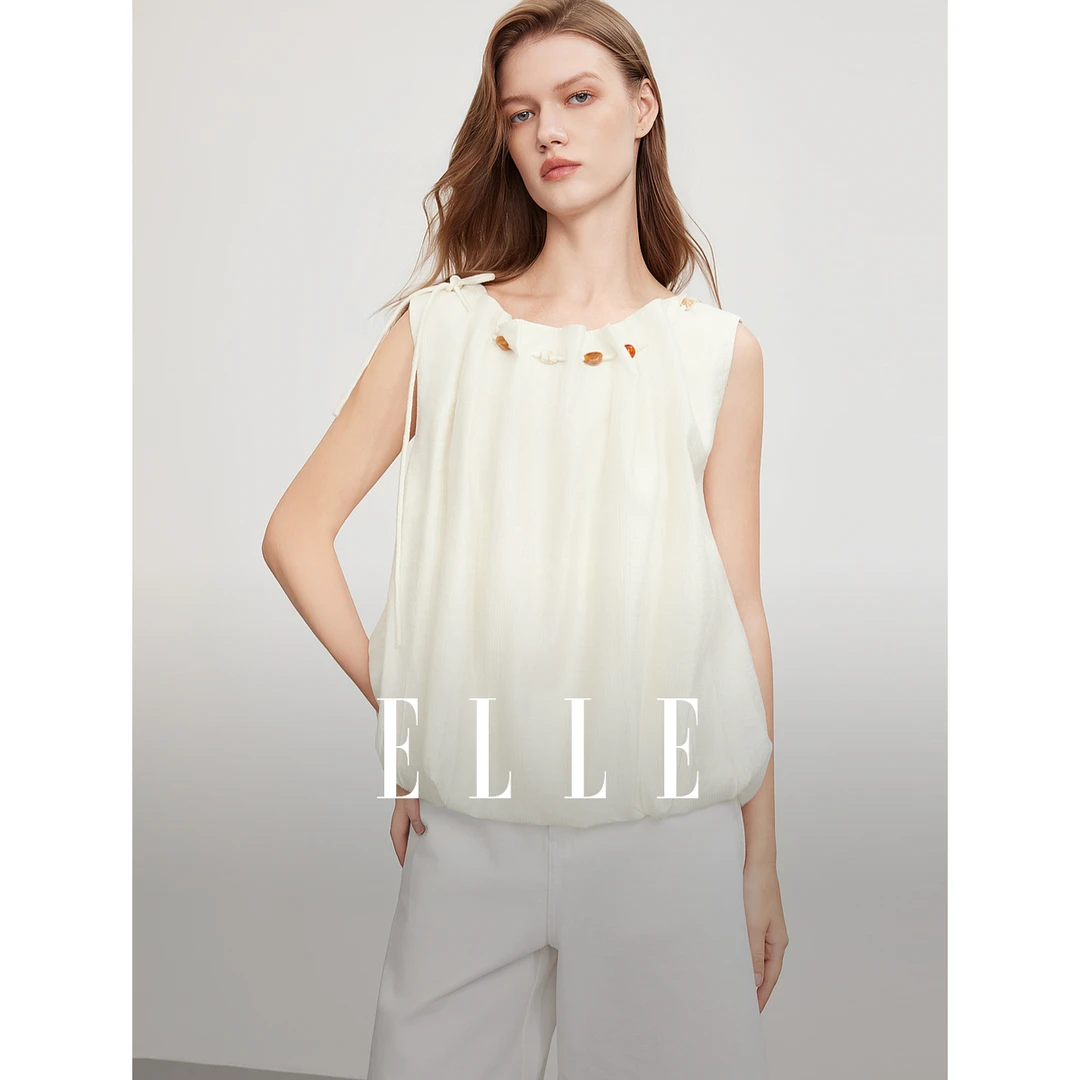 【商场同款】ELLE法式优雅浪漫小衫女2025夏日穿搭串珠上衣L8SMC190