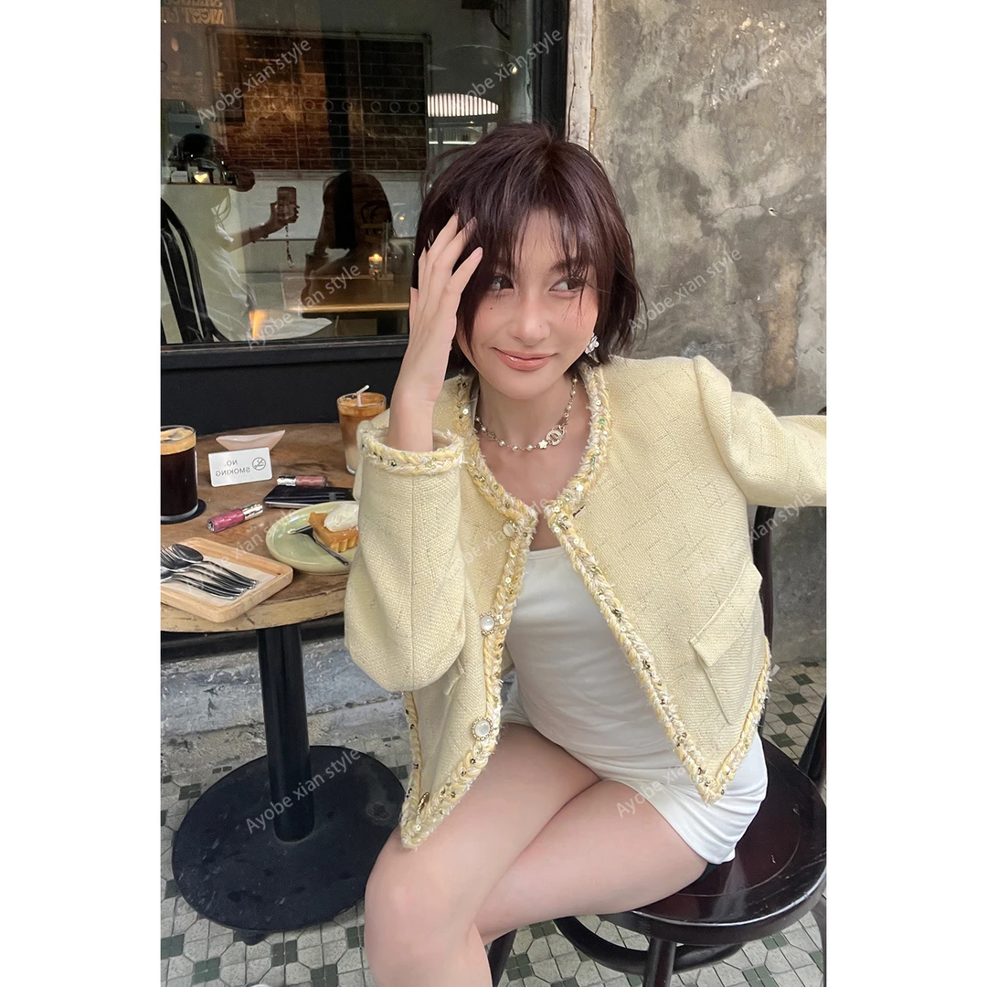 AYOBE小贤/山茶漫记  法式精致千金风优雅名媛圆领花呢小香短外套