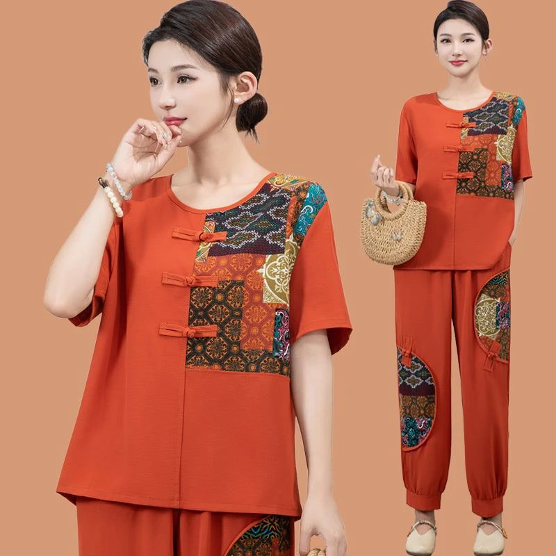 新中式妈妈夏装盘扣圆领上衣套装中老年女装洋气短袖民族风两件套