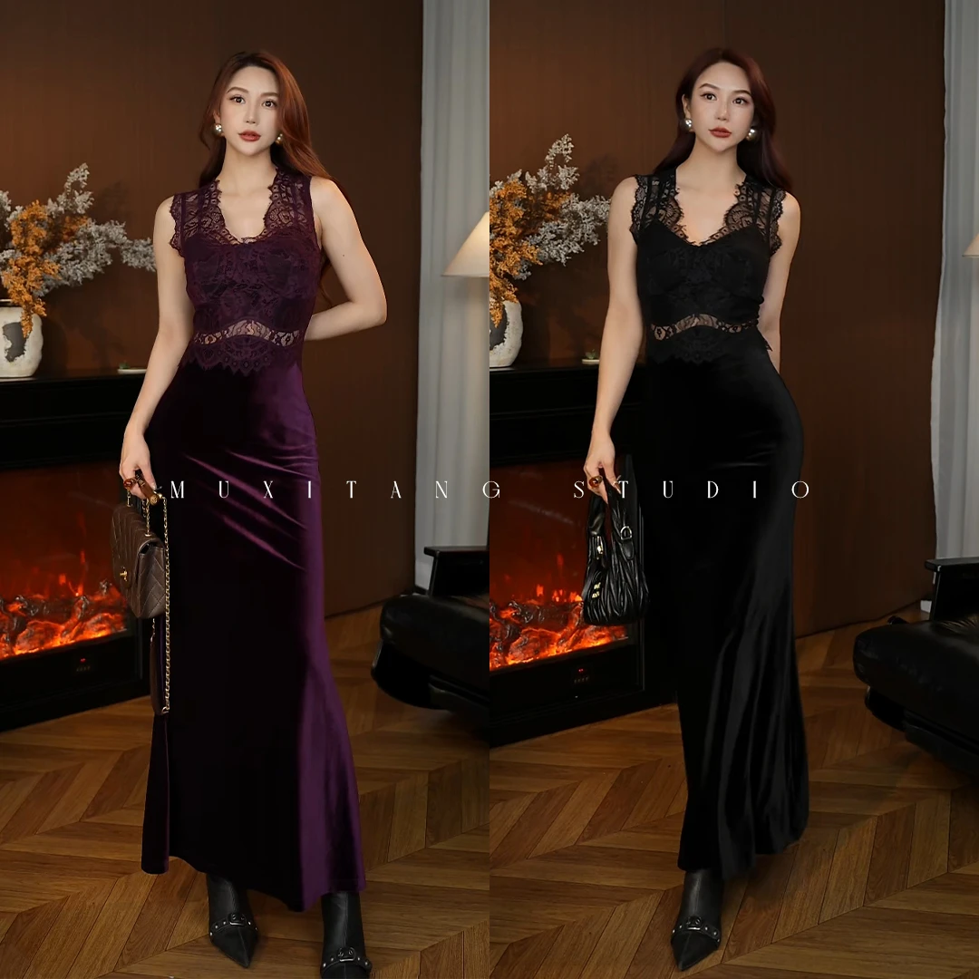 「葡萄可可」万人迷蕾丝镂空纯色紫色修身长款连衣裙时尚百搭打底