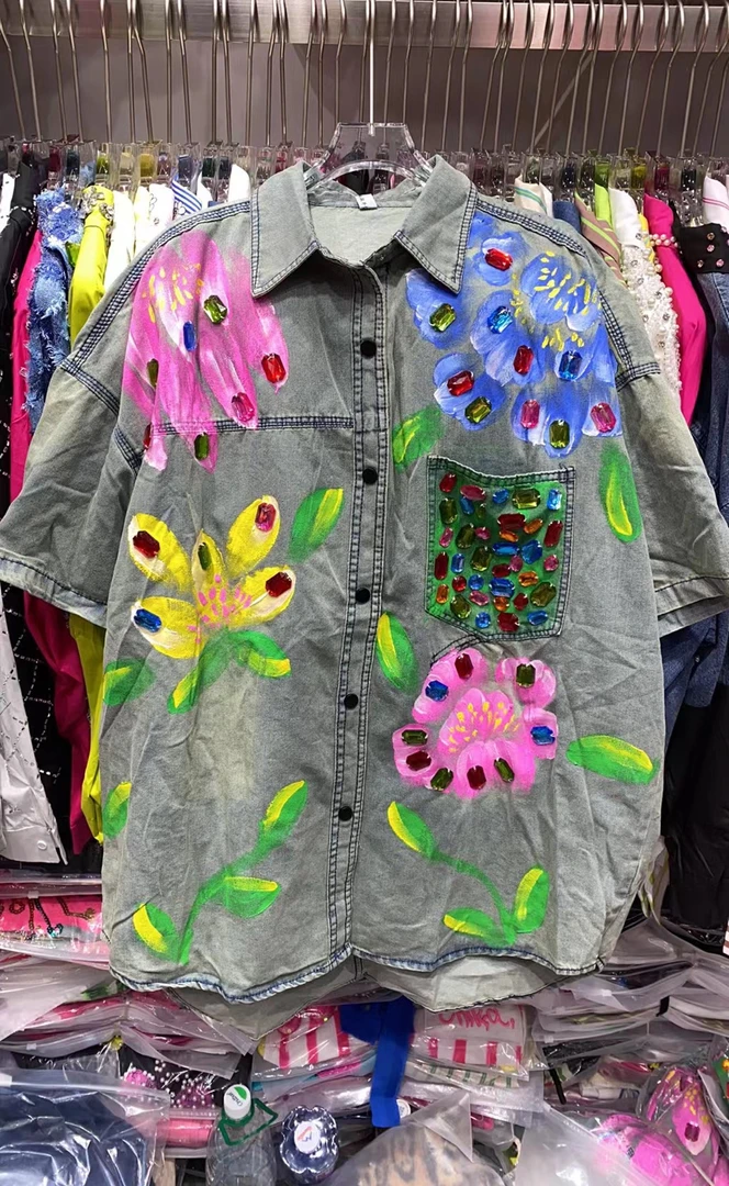 刘媛媛欧货 实拍米2重工手绘短袖宽松大版牛外外套