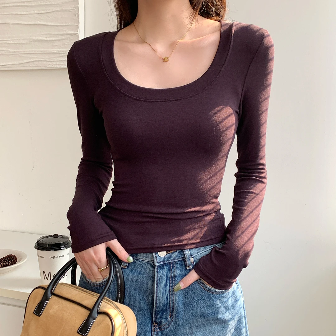 2025秋冬紧身低领U领打底衫正肩内搭修身漫画腰百搭上衣长袖t恤女