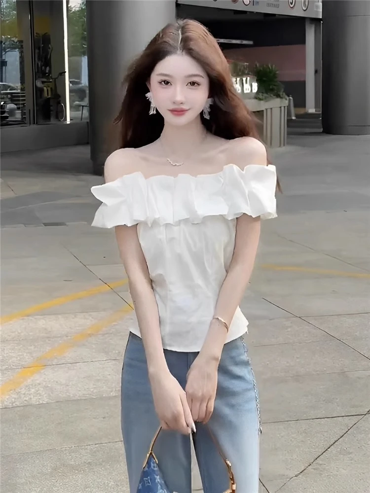 法式高级感白色荷叶边一字肩上衣女2025年夏季新款小衫设计感小众