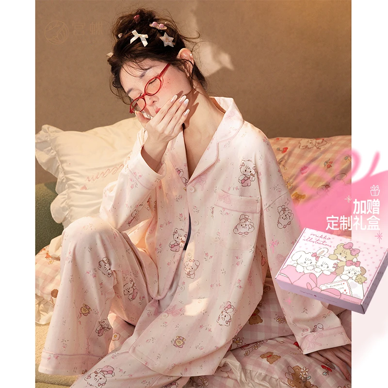 宫蝶【轻柔软】mikko睡衣女士春秋纯棉长袖ins日系卡通可爱家居服