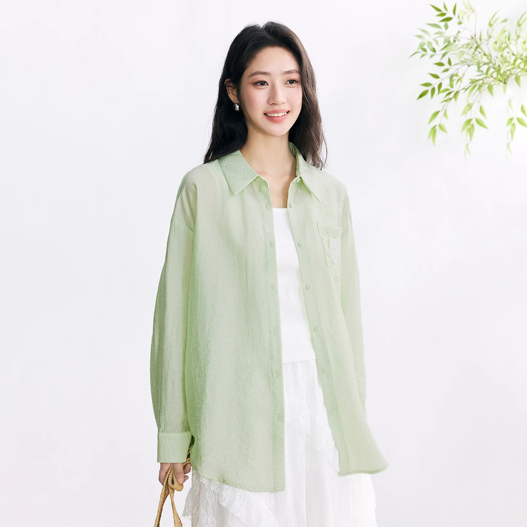 【年终狂欢购】茵曼夏季莱赛尔度假薄款衬衫气质绣花宽松遮阳衫衬