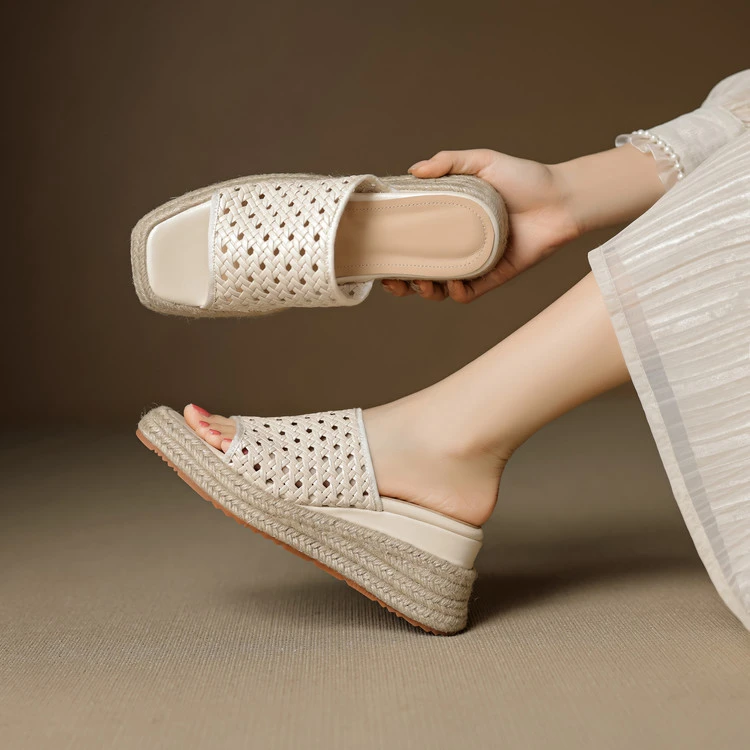 6.5cm 法式复古百搭舒适厚底一字拖夏季通勤简约时尚编织镂空半拖