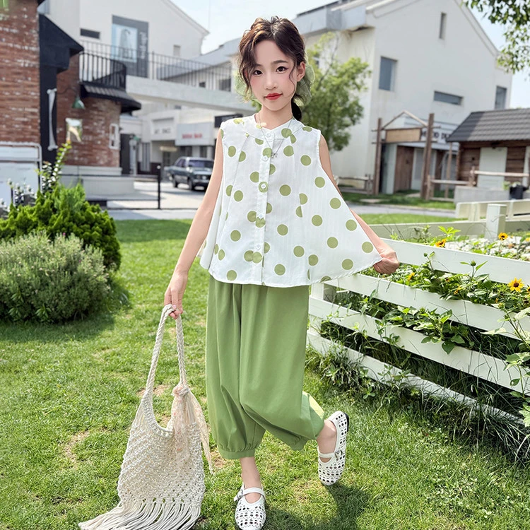 女童简约波点洋气女孩休闲夏季儿童套装2025中大童新款5-12岁15岁