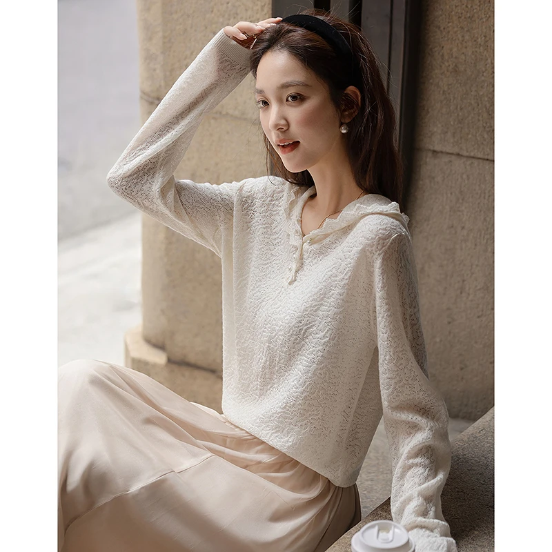 dme德·玛纳含温润绵羊毛秋季浮雕肌理蕾丝连帽罗纹收口针织衫