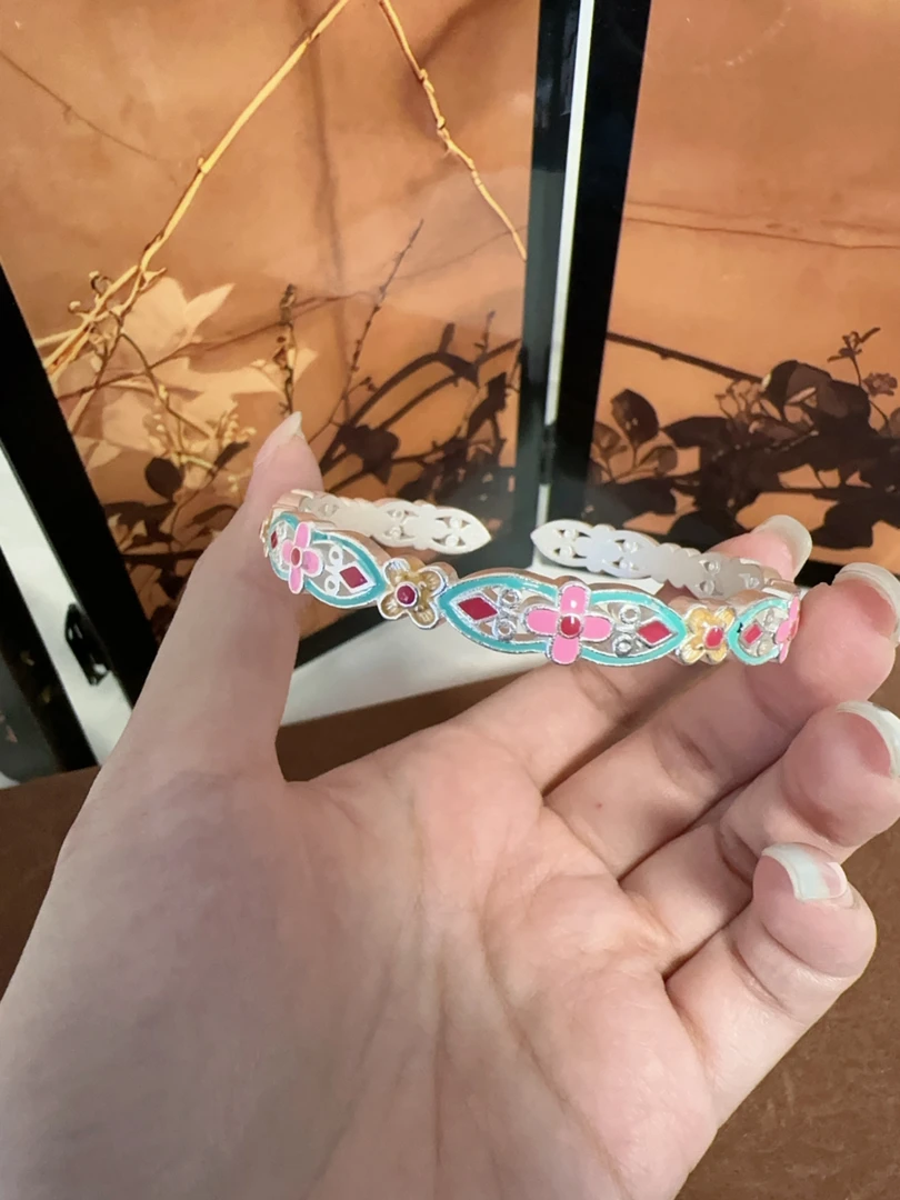 足银银制品 20珐琅彩花满诸手镯开口款