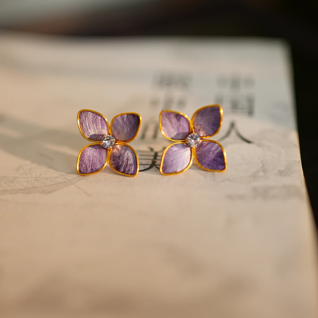 非金属布艺耳饰 【绣球花耳饰】紫色 非遗掐丝绒花工艺