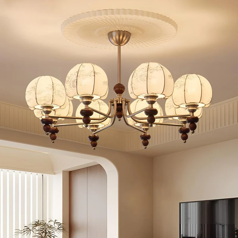 新中式复古胡桃木色客厅吊灯布艺禅意中古风南洋风侘寂风卧室吊灯