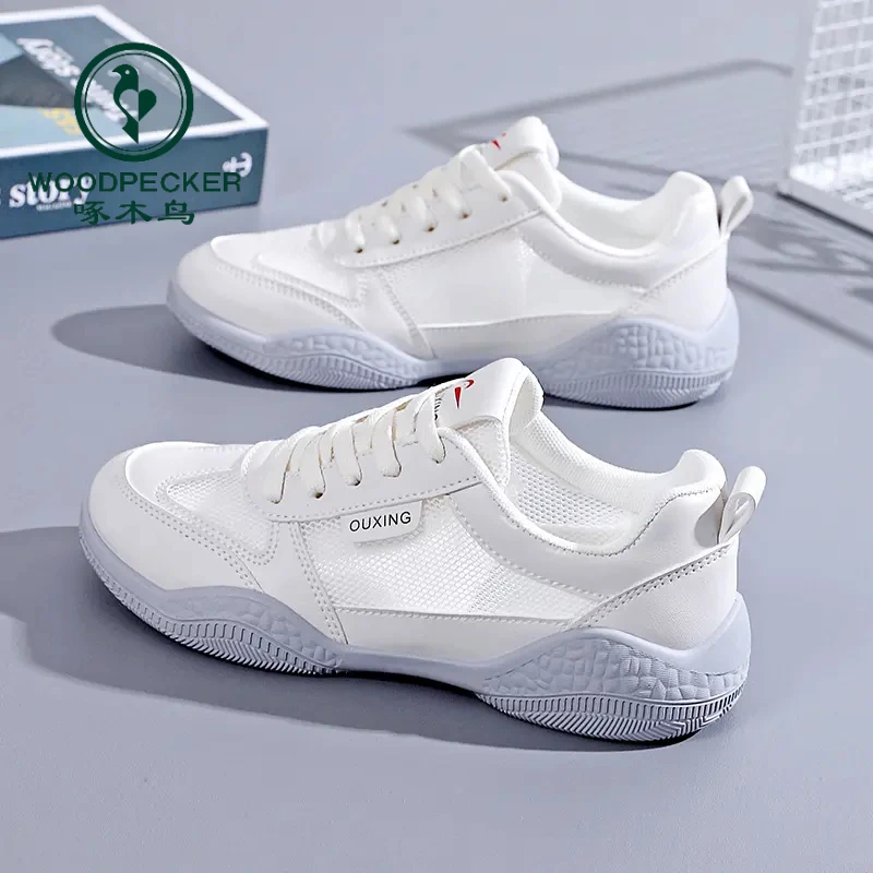啄木鸟网面时尚女鞋夏季平底透网白色休闲软底透气薄款跑步运动