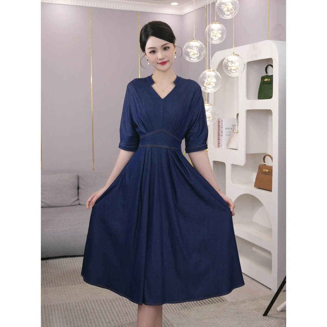 唐熹2025夏季新款【DD-6160】休闲时尚藏蓝色女气质v领复古连衣裙子