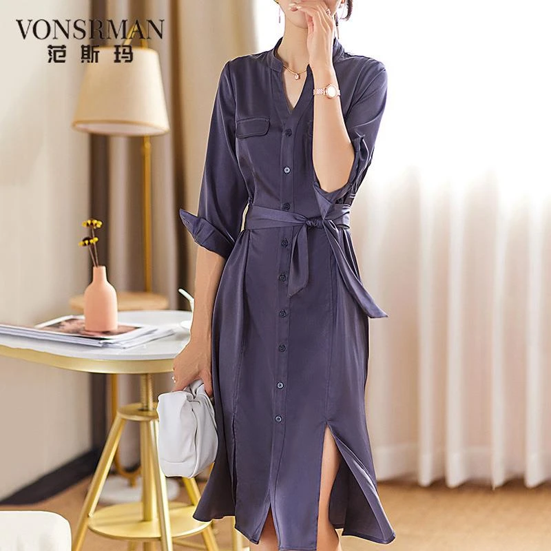 高端时尚紫色洋装女2025夏季新款洋派高贵质感V领七分袖衬衫裙女v