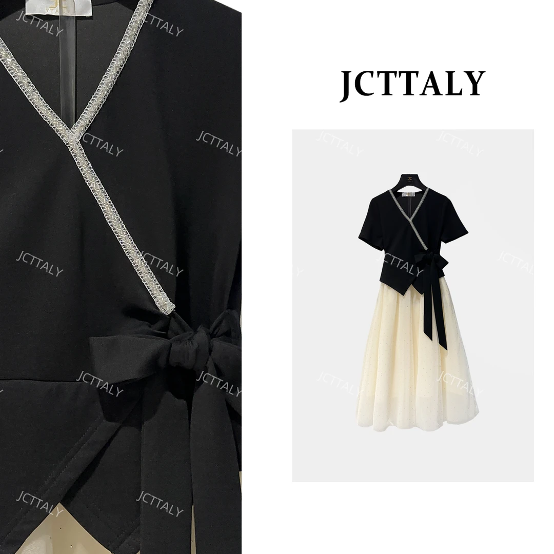 【linda】【76】法式拼接假两件夏季新品蝴蝶结收腰连衣裙JC-A3394