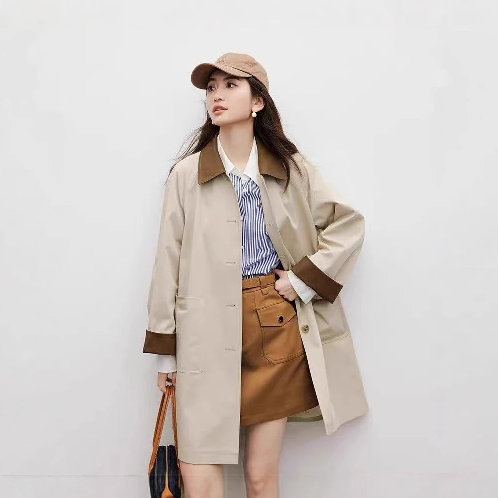 日系卡其风衣春2025新款女装巴恩松弛感显瘦撞色翻领中长外套