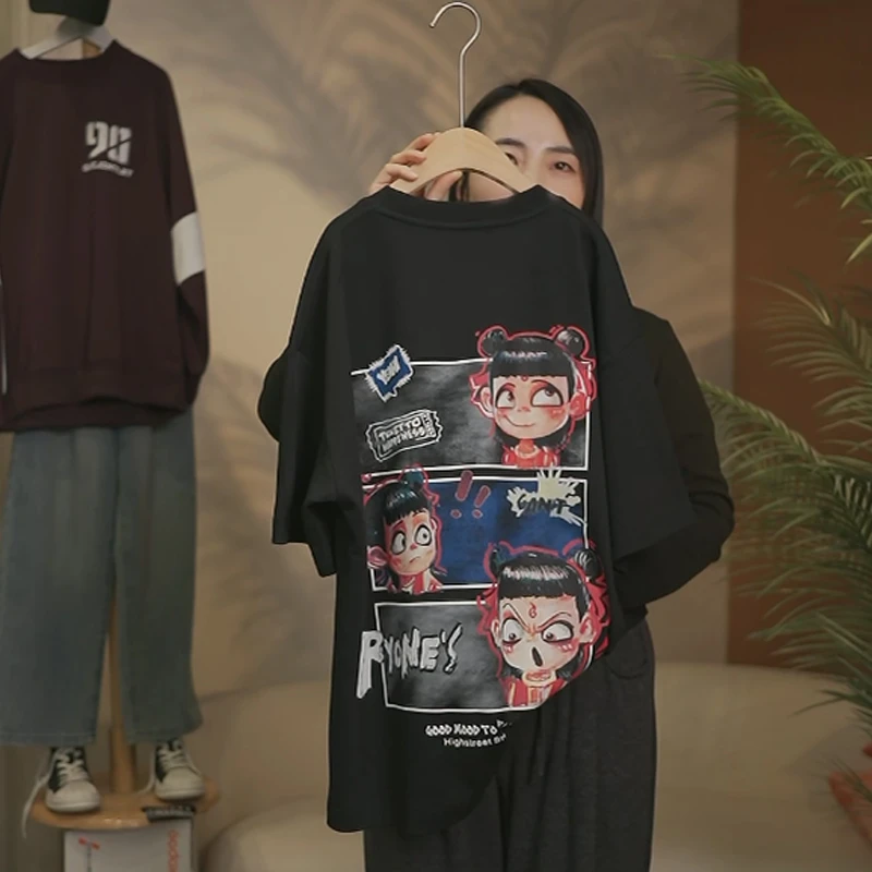 儿童哪吒黑色短袖t恤纯棉半袖夏季薄款上衣大男童装2025夏装新款