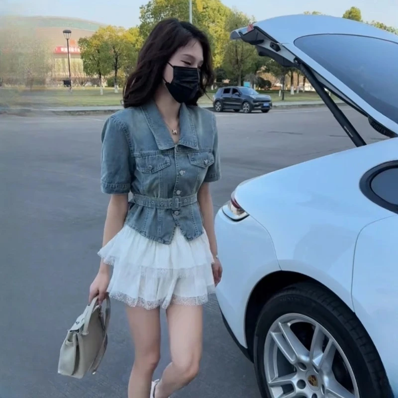 韩版短款收腰牛仔衬衫外套女2025夏季新款设计感修身显瘦短袖上衣