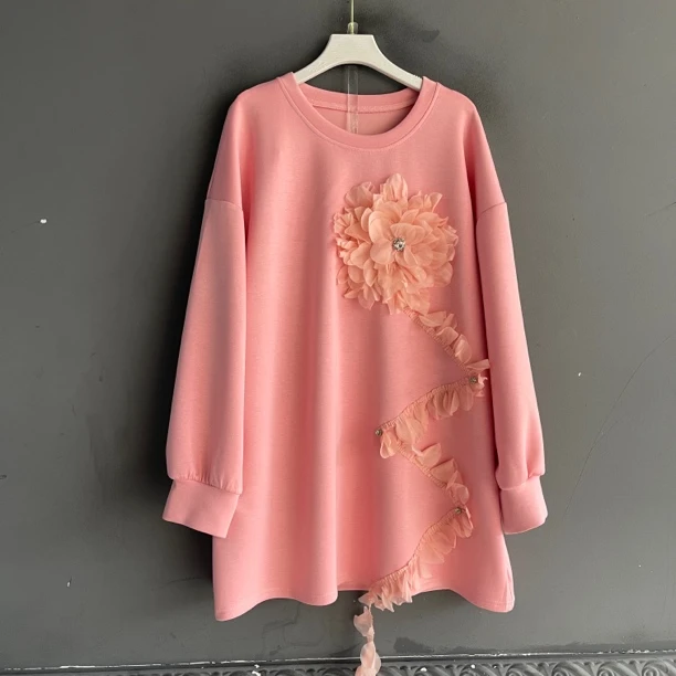 大码女装花瓣拼接圆领宽松遮肉显瘦百搭长袖中长款秋冬上衣