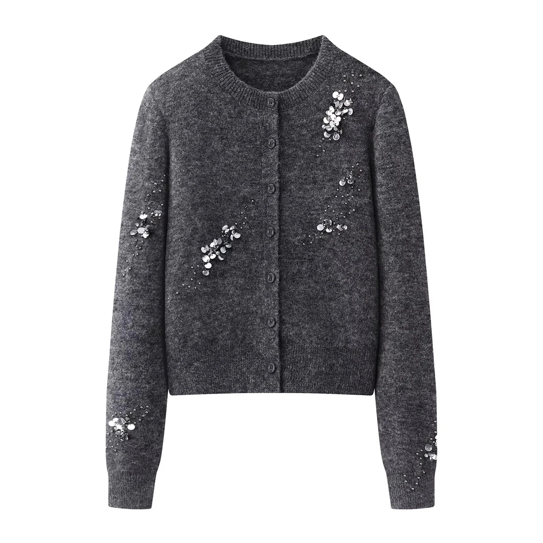 艾家商场同款2025冬新款手工钉珠亮片开衫女灰色针织衫毛衣4113