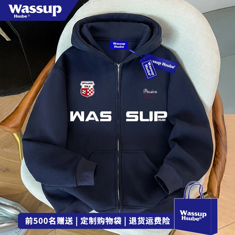 WASSUP HSUBE欧美式设计感字母开衫连帽卫衣男秋冬季百搭拉链外套