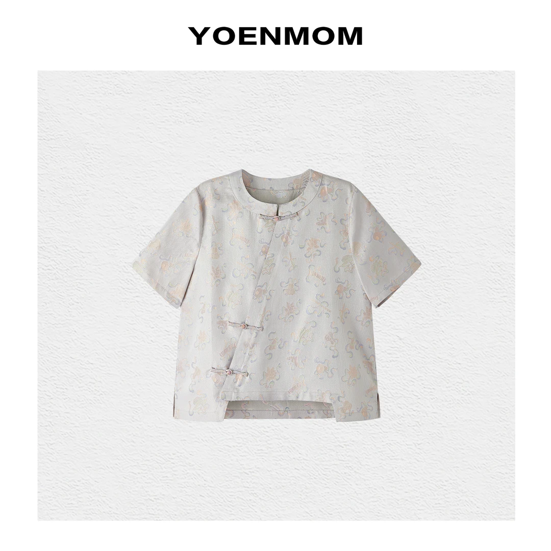 YOENMOM·暗八仙·夏季新品 100桑蚕丝织金异色罗大漆扣斜襟款上衣