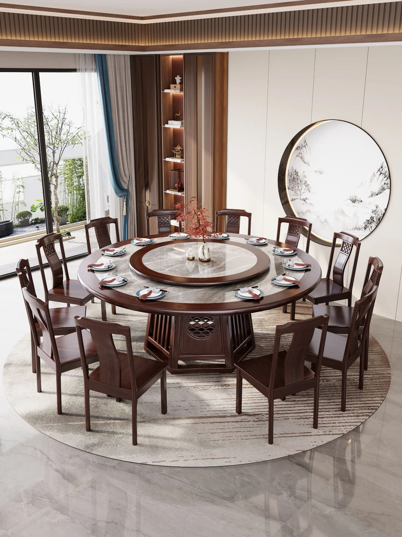 新中式岩板实木餐桌大圆桌吃饭桌子家用餐桌椅酒店饭店桌圆桌转盘