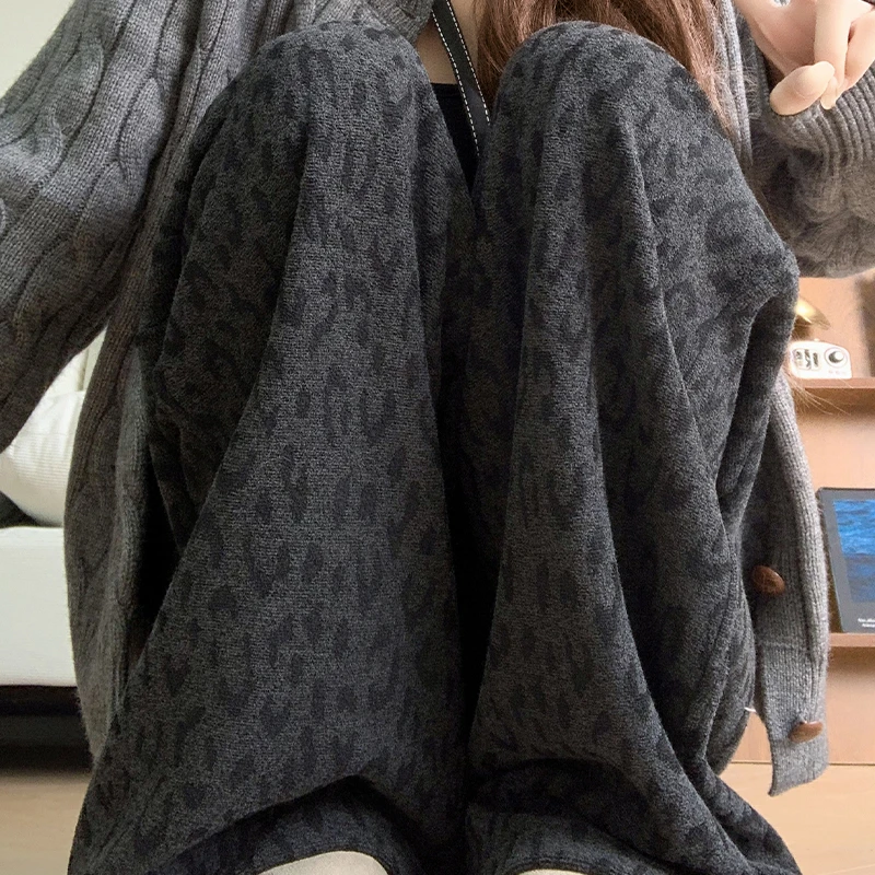 慵懒风豹纹高腰毛绒阔腿裤女秋冬加绒高腰休闲直筒宽松休闲阔腿裤