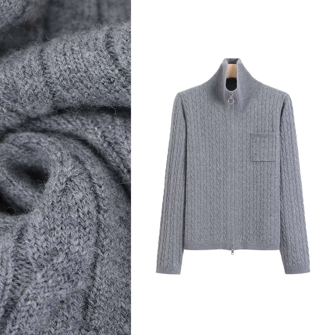 【俏俏专属】100%绵羊毛 时尚简约绞花双拉链针织开衫女新款上衣