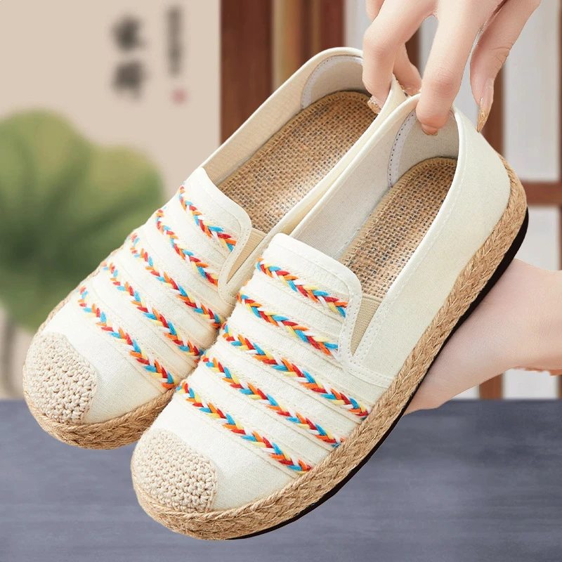 鞋子女春季新款民族风一脚蹬休闲妈妈鞋软底不累脚女鞋文艺草编鞋