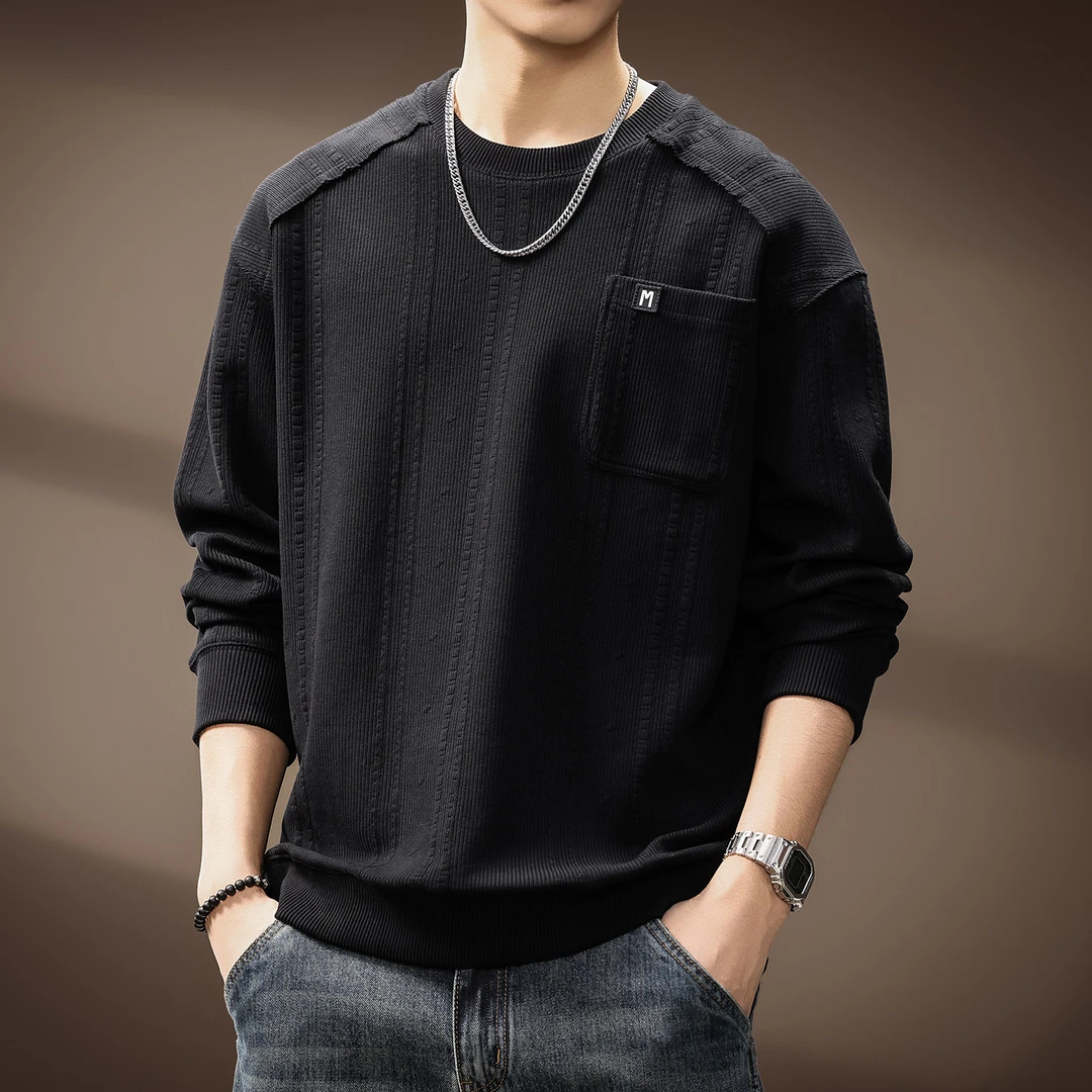 高端潮流提花纹理重磅圆领卫衣男秋季新款贴袋设计宽松百搭上衣男