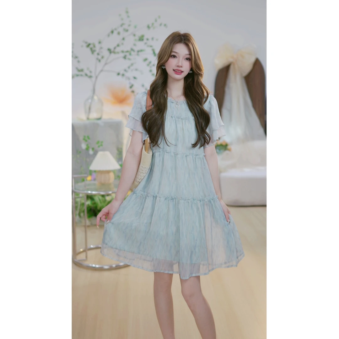 【月珑轻纱A】垂感木耳边温柔显白蛋糕裙宽松显瘦遮肉韩版连衣裙
