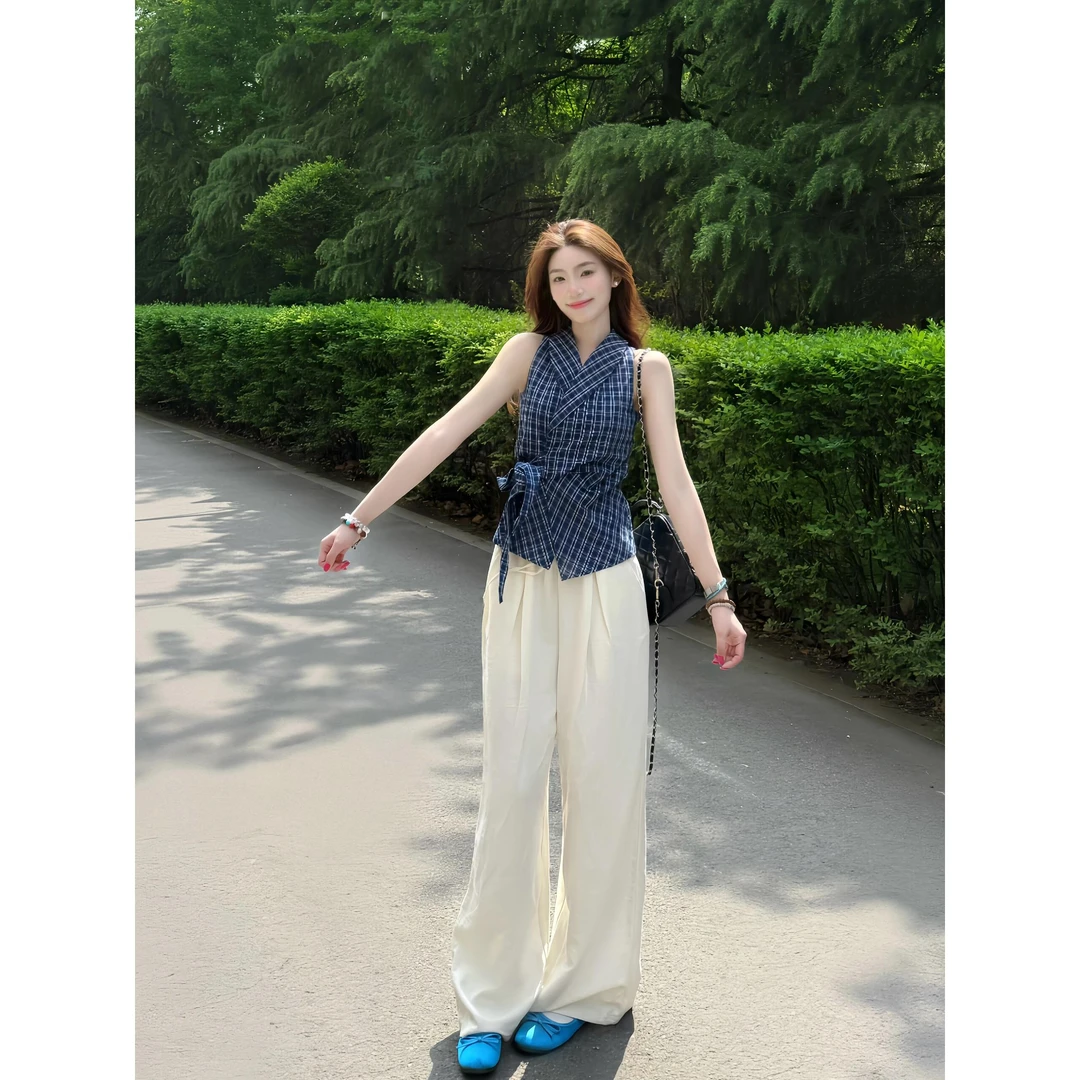 无袖修身型百搭背心夏季设计感蓝色修身女士吊带背心通勤显瘦气质