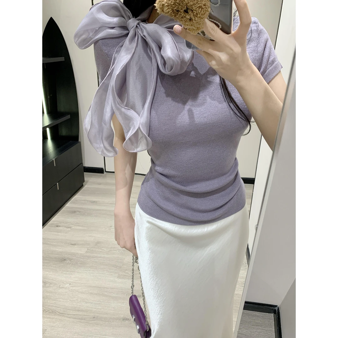 春夏新款缎面感层叠系带修身针织衫蝴蝶结上衣气质温柔