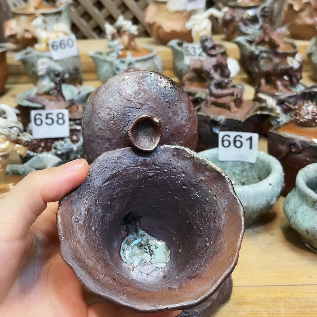 杯柴烧粗陶手捏盖碗