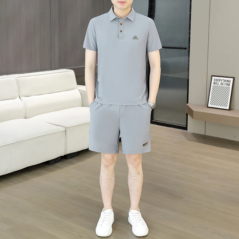 薄款青年男衬衫短裤套装男士夏天休闲运动套装夏季时尚透气宽松