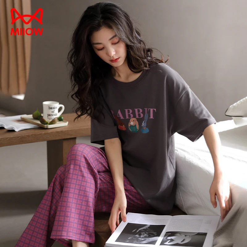 （福利）猫人2025新款睡衣女士夏季纯棉短袖长裤套装夏天休闲家居服