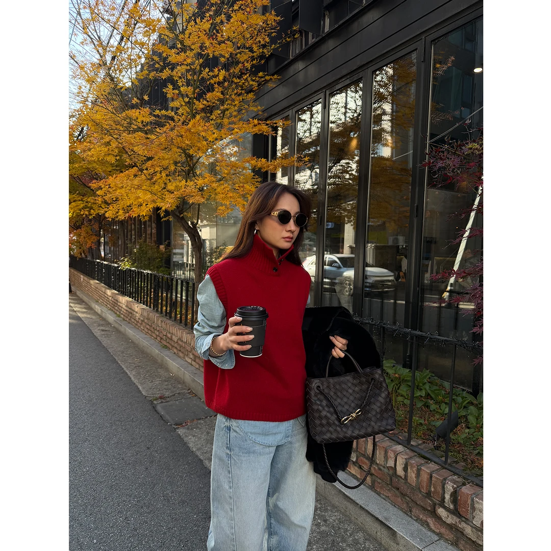 KEEP KAPU靠谱【圣诞氛围】100绵羊毛红色无袖高领针织衫KP253810