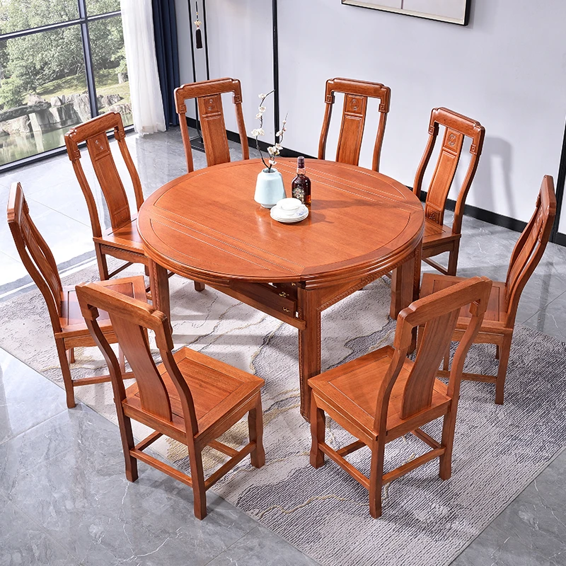 中式家具餐桌菠萝格可伸缩全实木方圆两用实木餐台 家用餐桌餐厅