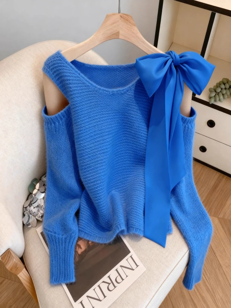 韩系甜美米蓝色蝴蝶结蝙蝠袖毛衣针织衫秋冬设计感宽松短款上衣