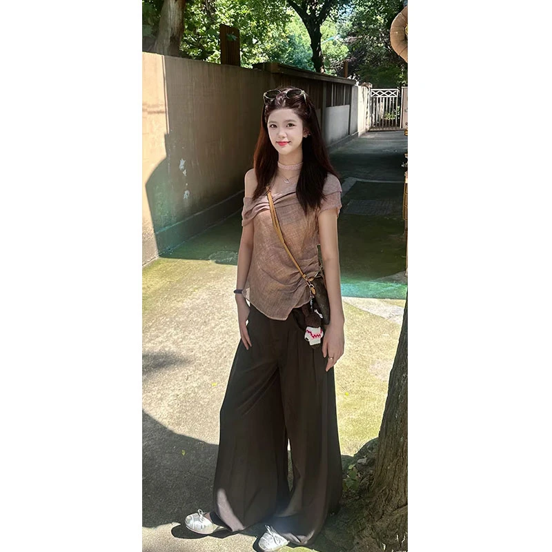 2025年夏季新品老钱风性感斜肩上衣长款修身阔腿长裤时尚两件套