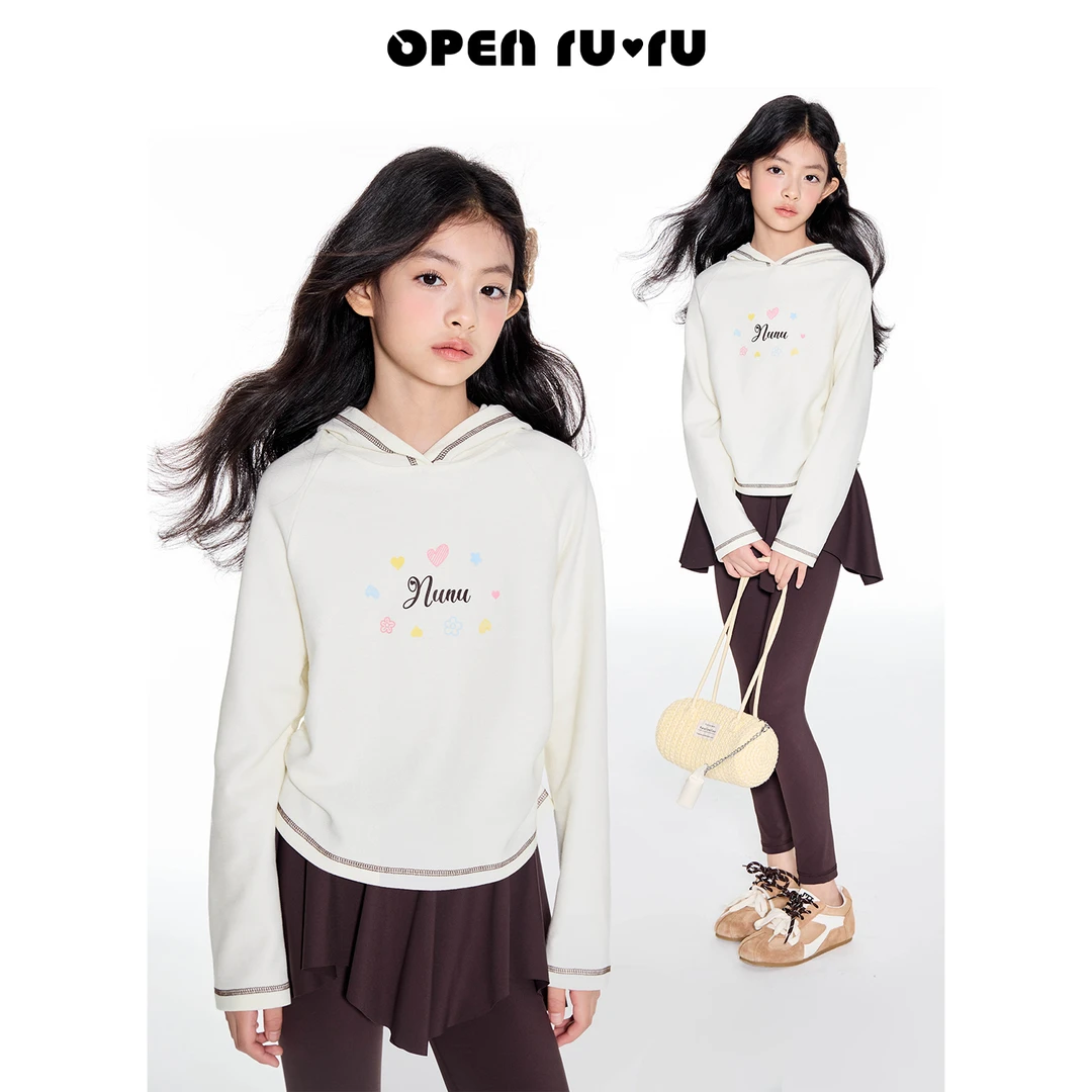 Opennunu女童字母印花长袖T恤秋季中大童设计感修身连帽打底上衣