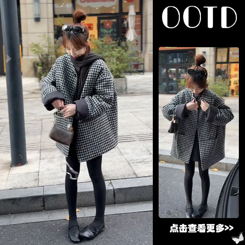 冬季流行穿搭一整套女2025新款韩版宽松格子外套百搭打底裤两件套